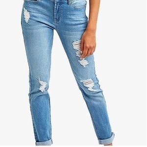Resfeber Women’s Ripped Skinny Boyfriend Distressed Stretch Blue Denim Jeans 0